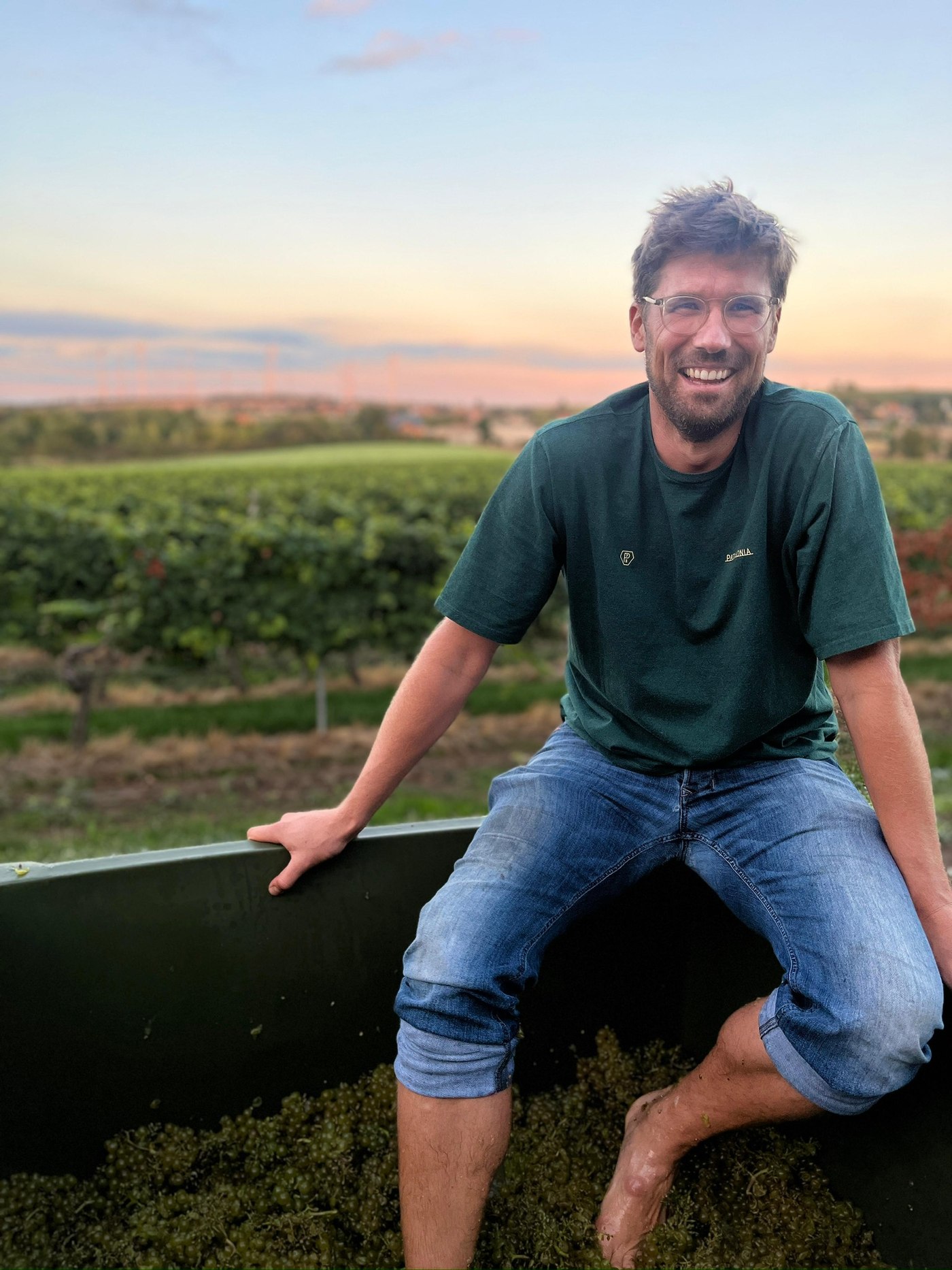 Tobias Knuff beim Stampfen der ersten eigenen Chardonnay-Trauben im Abendlicht